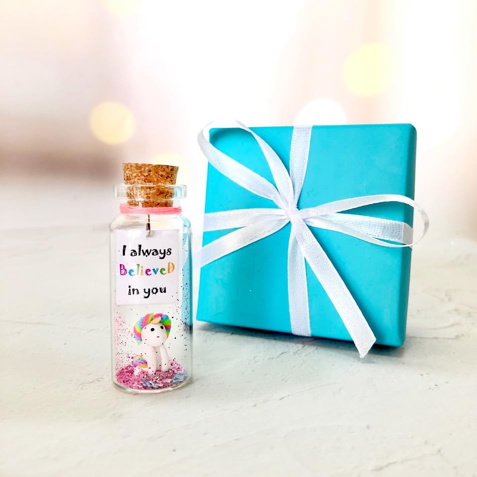 Kseniya Revta Inspirational Message in a Bottle Gift Idea - Classy Gifts for Friends and Family - Unique Boyfriend Girlfriend Presents (White Unicorn - I Always Believed in You, in Teal Gift Box)