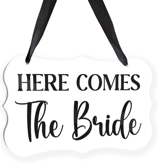 Acrylic Wedding Sign, Ring Bearer Sign, Here Comes The Bride Sign, for Rustic Wedding Decoration Hanging Signs, Acrylic Wall Art for Weddings Reception Decorations and Event Party (White)