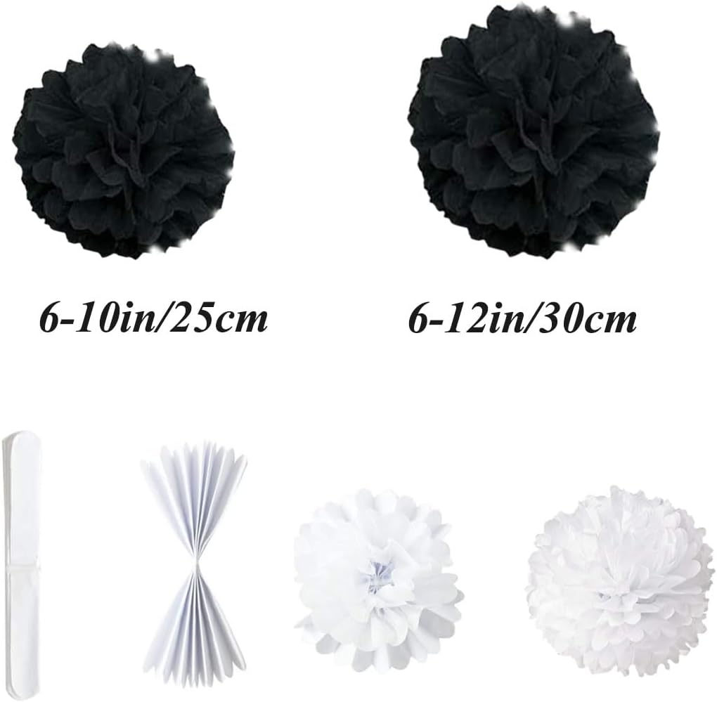 12pcs 10in & 12in Black Paper Pom Poms - Tissue Paper Flower Hanging Balls for Wedding, Party, Baby Shower & Nursery Decor
