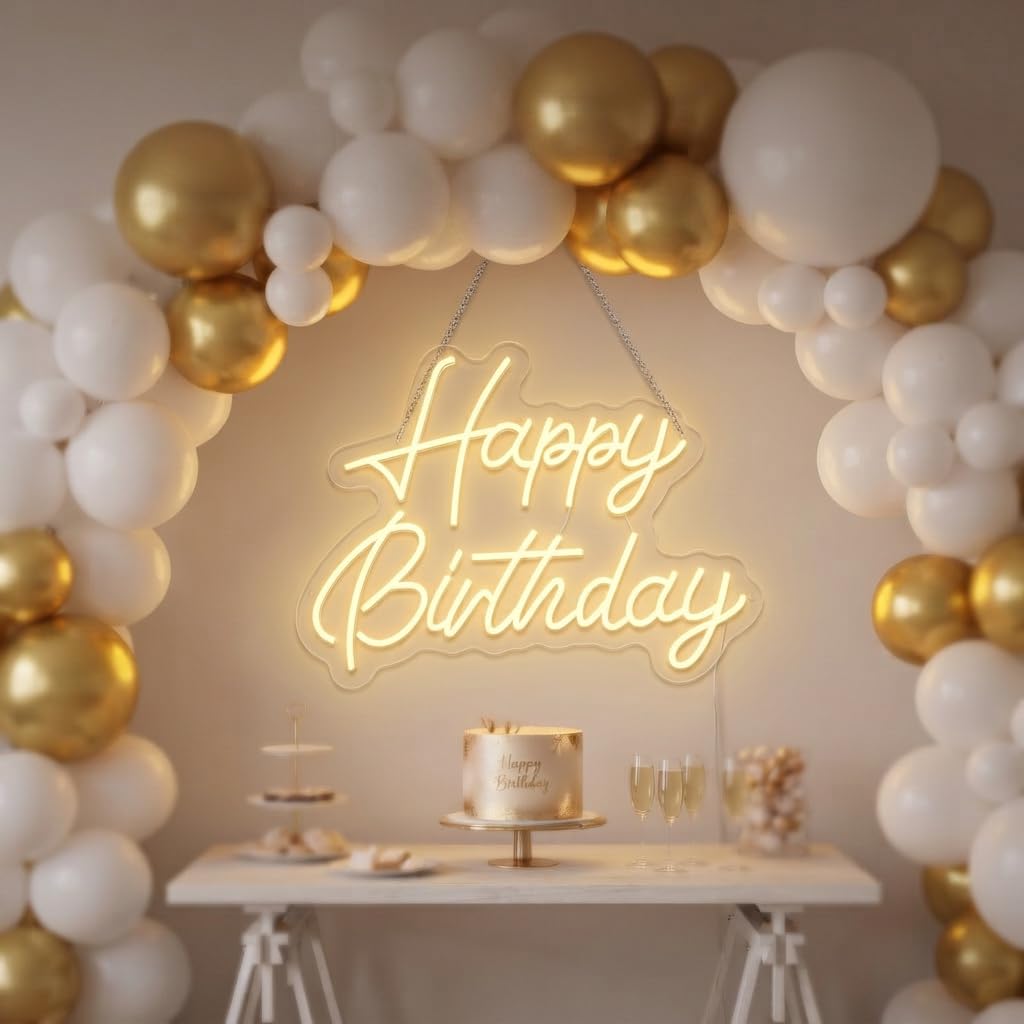 SCHMTSUNTOO Happy Birthday Neon Sign, 22x16.9in LED Dimmable Warm White