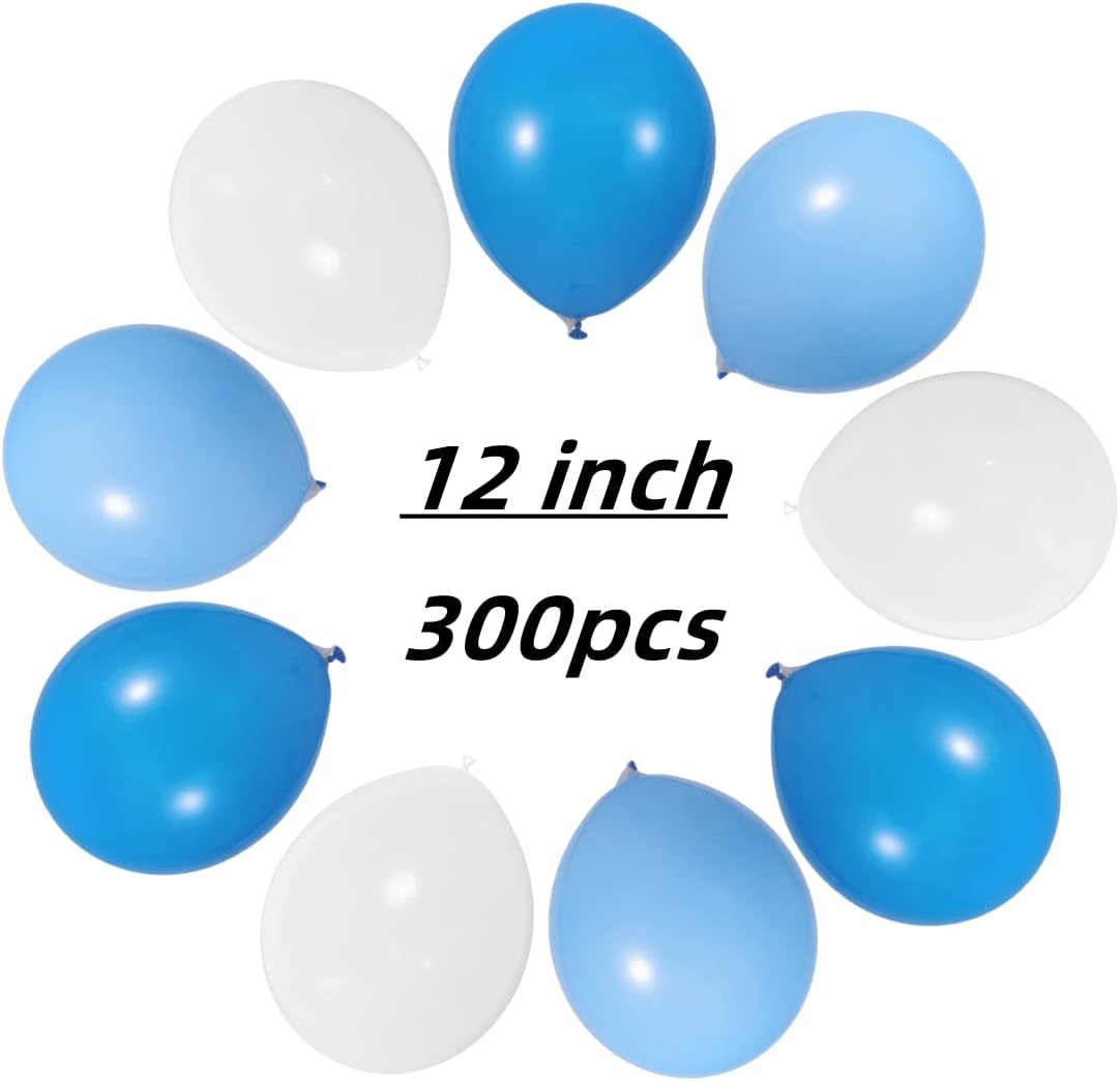 300 Pack Blue and White Balloons 100 of each of the 3 colors 12 inch White Blue Light Blue Latex Party Balloon Bulk for Various Party Events Decorations