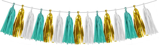 White Gold Teal Party Decorations – 15Pcs Tissue Paper Tassel Garland for Women BirthdayDecoration Wedding Baby Shower Bridal Shower Bachelorette Engagement HongTongTong