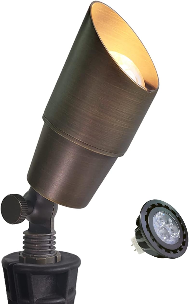 MALORY Brass Landscape Spotlight 1-Pack with Bulb(S01), Low Voltage 12V AC/DC LED Outdoor Landscape Lighting,PVC Ground Stake and Wire Connector Included, Garden Patio Trees Spot Uplight