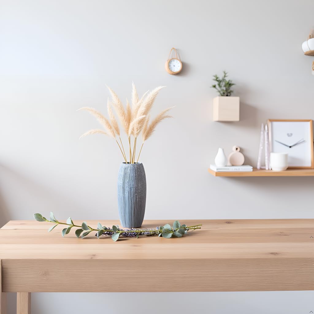 Premium Blue Ceramic Vase – Ribbed Tall Flower Vase for Home Décor, Modern Minimalist Table Centerpiece, Pampas Grass, Dried Flowers, Shelf & Living Room Decoration