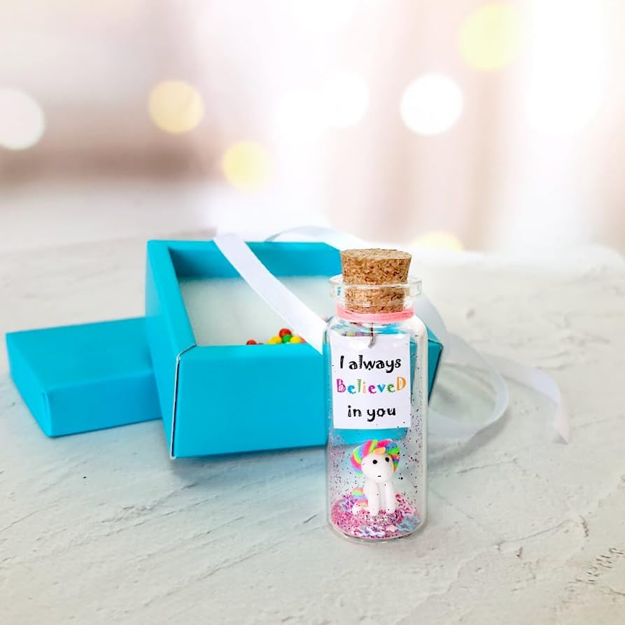 Kseniya Revta Inspirational Message in a Bottle Gift Idea - Classy Gifts for Friends and Family - Unique Boyfriend Girlfriend Presents (White Unicorn - I Always Believed in You, in Teal Gift Box)