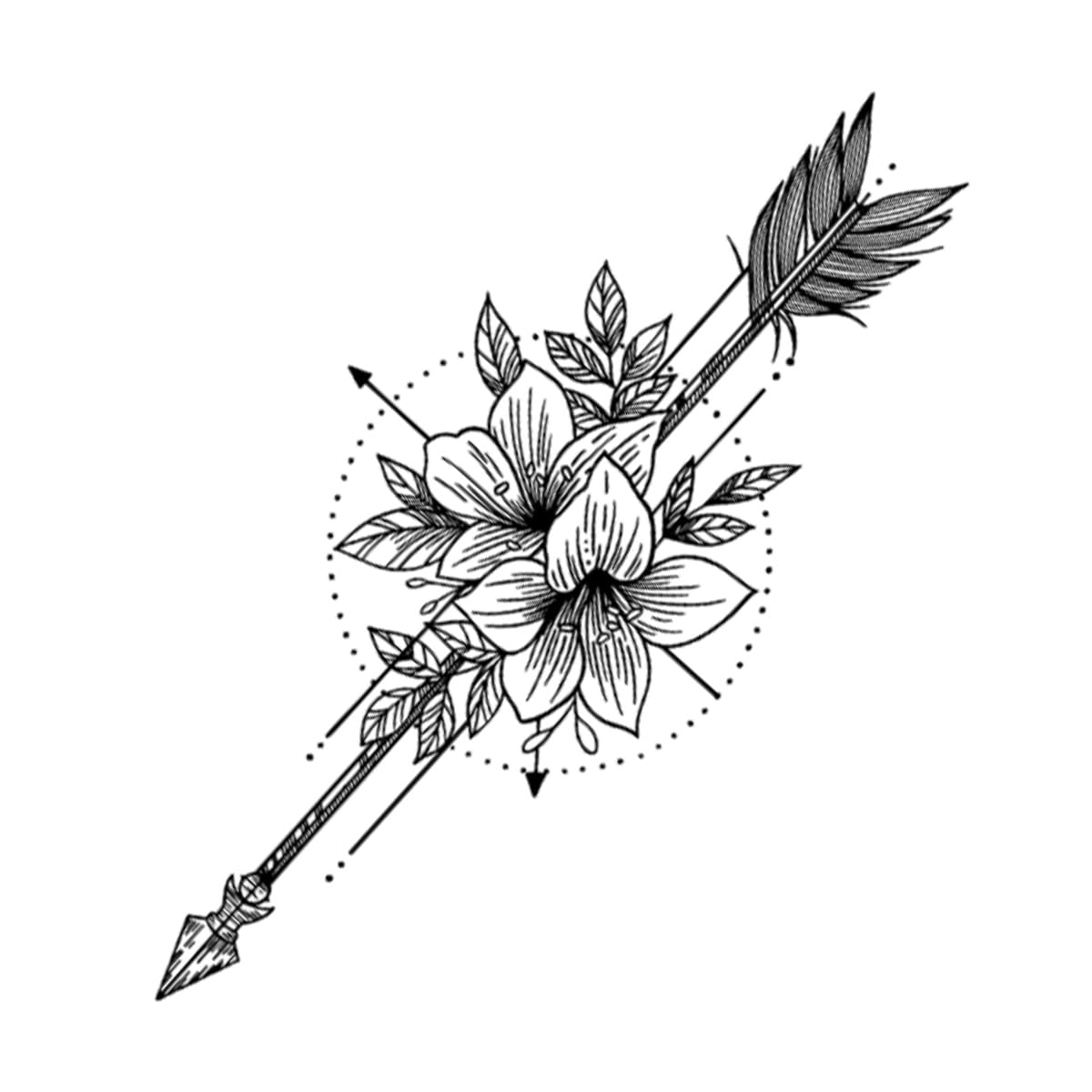 INKARTLINK Tattoo Tech, 2 Sheets Large Semi Permanent Tattoo, Adult Art Design Temporary Tattoos, Lasts 1-2 Weeks, Waterproof, Realistic Look, No Adhesive, No Reflection (Flower and Arrow Design)