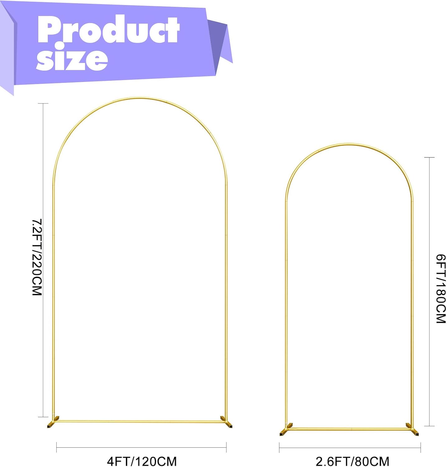 Wedding Arch Backdrop Stand Set of 2 (7.2FT, 6FT) Gold Wedding Balloon Arched Backdrop Stand Square Arch Frame for Birthday Party Bridal Baby Shower Ceremony Decoration