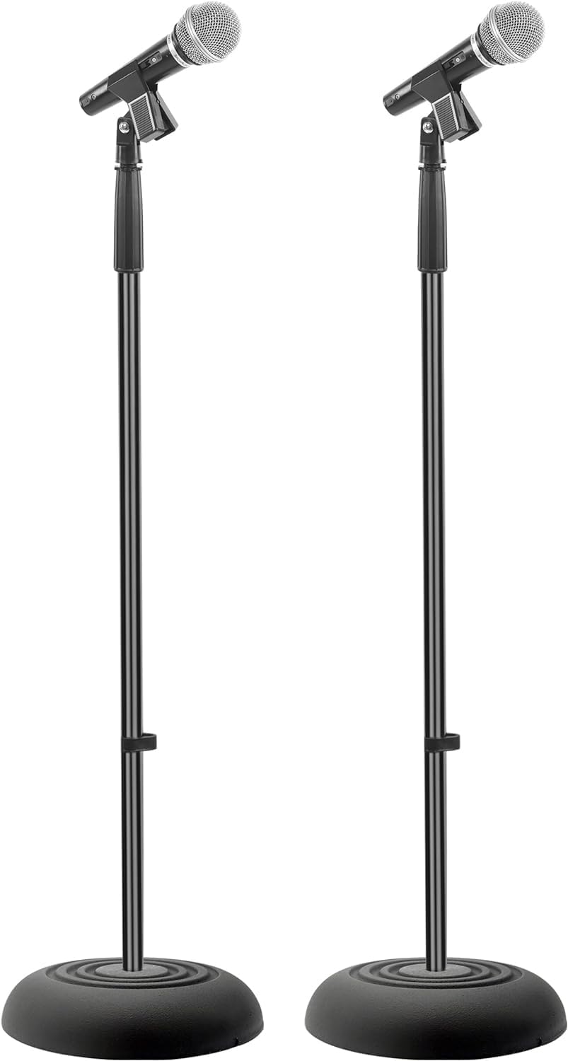 Pyle Universal Microphone Stand - Handheld Mic Compatible, Heavy Compact Base, Lightweight & Compact Design, 2.8 to 5 Ft Height Adjustable Clamp, Pivot Angle Clip, Home/Studio Use (Pair)
