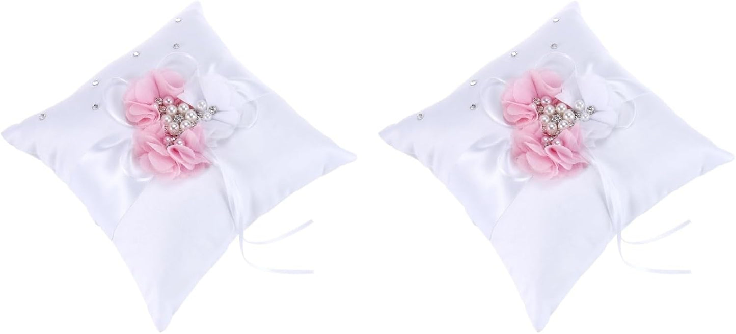 PRETYZOOM 2Pcs Pink Ring Bearer Pillow Set - Satin & Ribbon Decorative Wedding Ring Holder with Flower Design for Ceremony