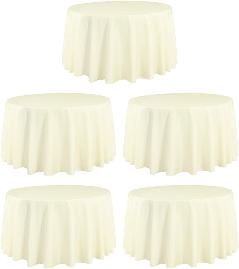 LTC LINENS 5 Pack 108 Inch Round Tablecloths Ivory - Great for 48 Inch Round Table Floor Length - Wrinkle Resistant Polyester Fabric Cloth for Wedding