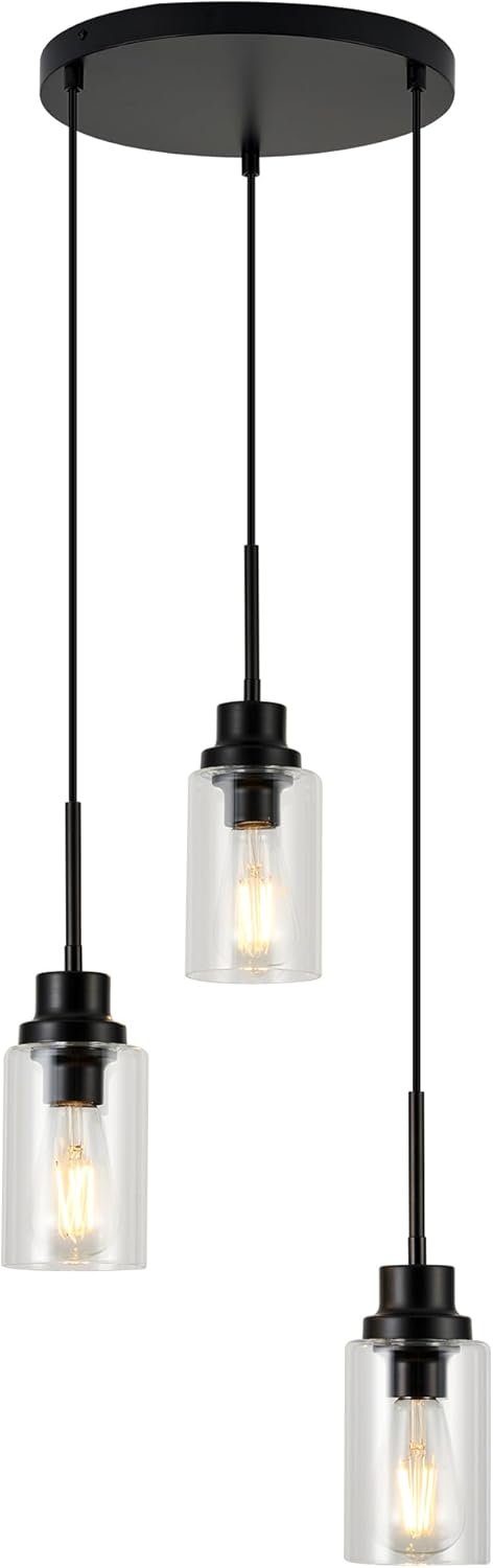 3-Lights Modern Pendant Light Fixtures Black Adjustable Height Ceiling Lights Chandelier with Clear Glass Shades Kitchen Island Lighting Hanging E26 Base for Foyer Dining Room