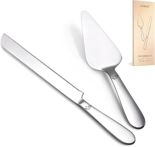Cake Cutting Set for Wedding - Extended Cake Knife and Server Set Thickened Stainless Steel 13.0" Cake Cutter 10.49" Pie Spatula Great for Birthday Anniversary Christmas Gift 2 Pcs Silver