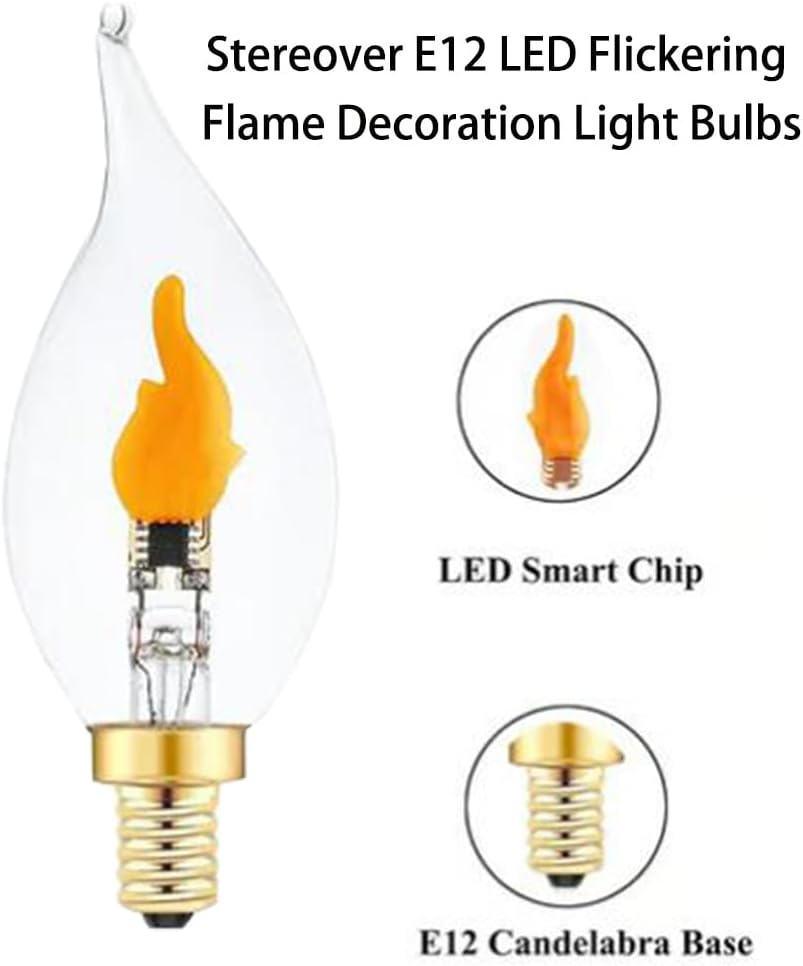 Stereover E12 LED Flickering Flame Decoration Light Bulbs, Stereover Flicker Bulb, E12 Flickering Flame Light Bulbs - Realistic Blaze Effect, Perfect Ambiance for Halloween, Christmas (2 Pack)