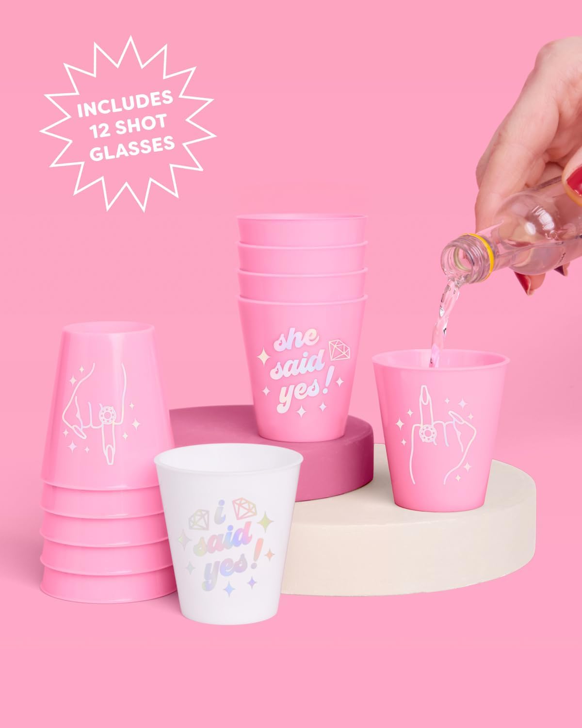 xo, Fetti Pink She Said Yes Shot Glasses - 12 Disposable 2 oz Cups | Ring Finger Bachelorette Decorations, Bridesmaid Drinkware, Engaged Drinkware