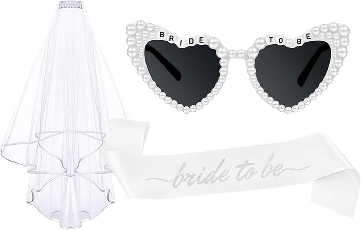 3PCS Glitter Silver Bride To Be Sash and Veil Bride Heart Pearl Sunglasses for Bachelorette Bridal Shower Engagement Party Favors Accessories