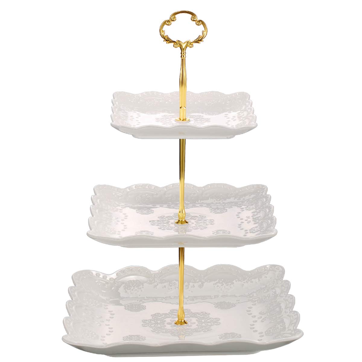 Sumerflos 3 Tier Porcelain Cupcake Stand, Tiered Serving Cake Stand, Square White Embossed Dessert