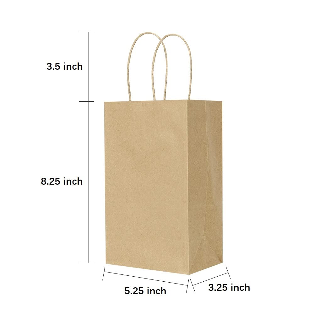 Oikss 100 Pack 5.25x3.25x8.25 Inch Small Plain Natural Kraft Paper Gift Bags with Handles Bulk for