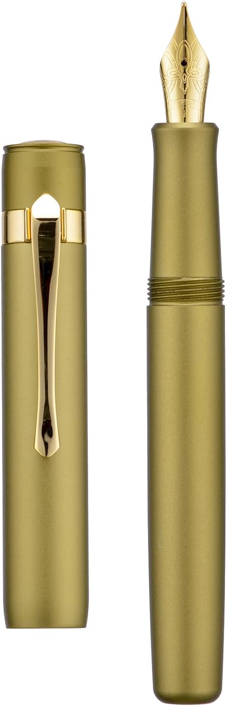 HONG DIAN M2 Black Forest Mini Fountain Pen, Bent Nib & Sleek Shape Aluminium Short Pocket Travel Pen (Olive Green)