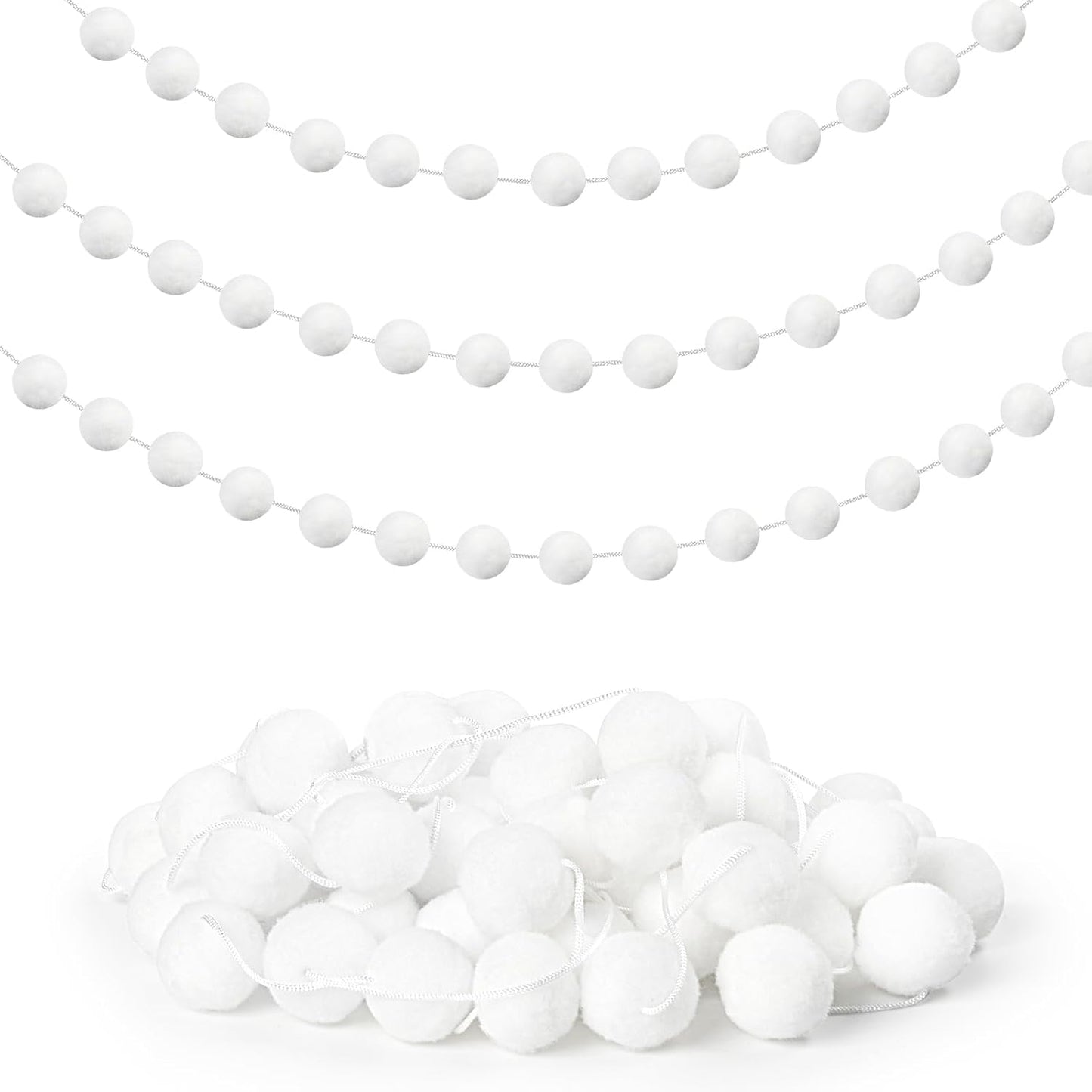 3 Pack Pom Pom Garland Colorful Felt Ball Garland Decorations, 6.5 Feet Long with 30 Balls Banner Hanging Supplies for Christmas, Birthday, Parties (White)