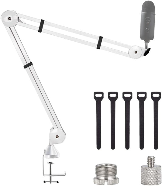 BOMGE Microphone Boom Arm Mic Stand Adjustable Clip Studio Suspension Scissor Arm Mount for Blue Snowball, ICE, Blue Yeti,Radio Broadcasting and Game (white)