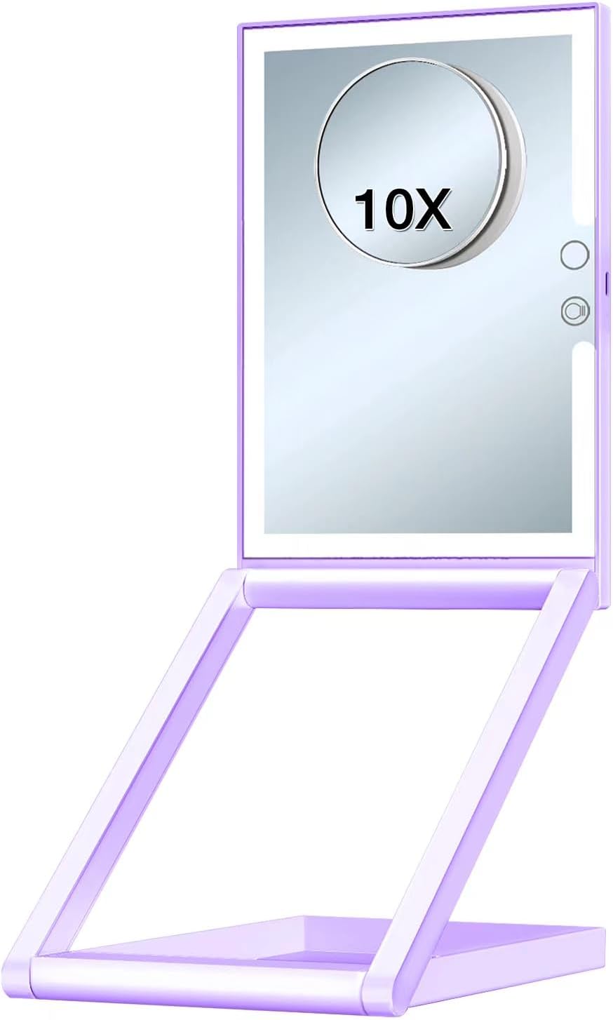 10X Magnifying Lighted Makeup Mirror, Rechargeable, ABS & Glass, Tabletop Mount, 3 Color Lighting, 1200mAh Battery