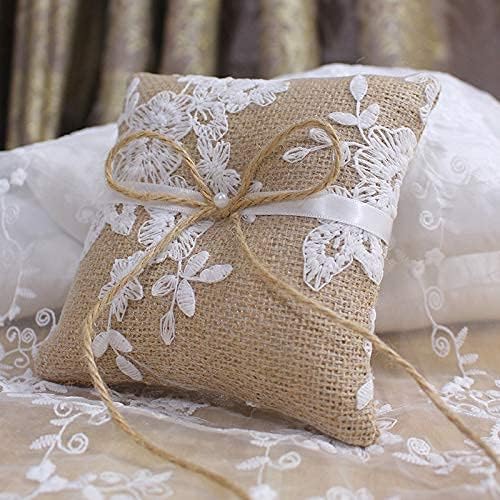 Ring Bearer Pillows Lace Bow Flower for Fall Wedding Ceremony with Vintage Rustic Lace Bow Pearl Embroidered Flower Ribbon (6 inch)