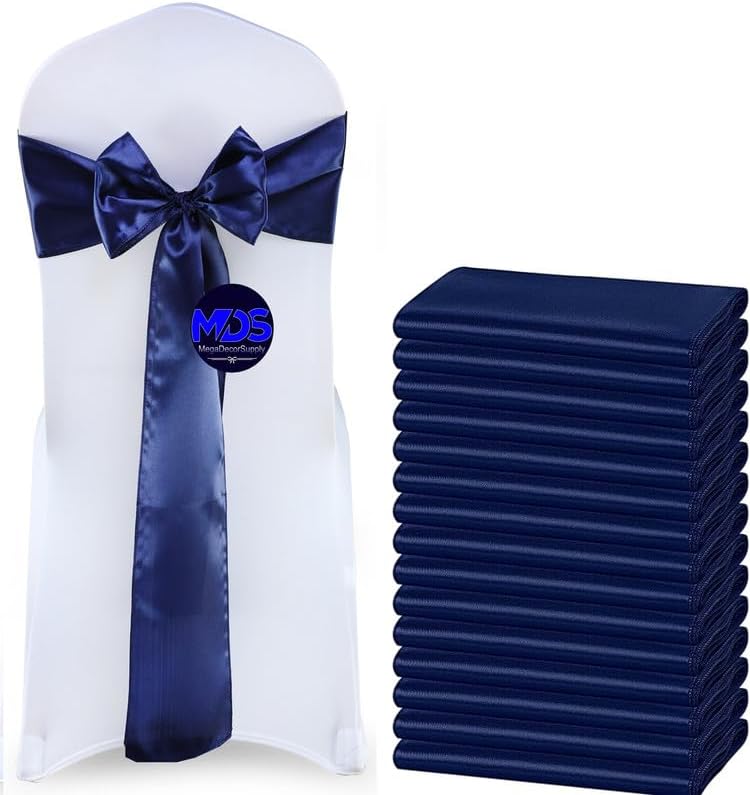 MDS Pack of 75 PCS Satin Chair Sashes Charmeuse Sateen Dining Chair Bows Ribbon Ties Back Sash for Wedding Party Birthday Home Hotel Restaurant Banquet Decoration (7 x 108 Inch, Navy Blue)