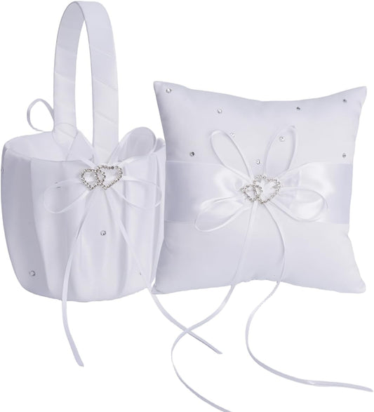 QIRMIZI Wedding Ring Pillow and Flower Girl Basket Set – Adorned with Pearl Rhinestones, White Satin,White