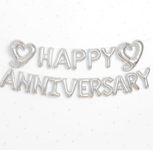 KatchOn, Silver Happy Anniversary Balloons Letters - Big, 18 Inch | Silver Happy Anniversary Balloon Banner | Heart Balloons