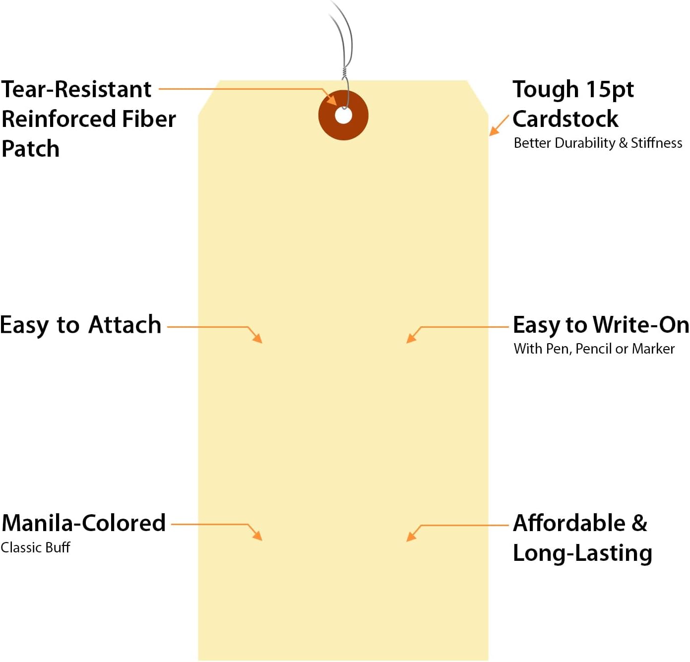 SmartSign Blank Manila Shipping Tags with Wire, Size-12, Pack of 50, 15pt Thick Prewired Cardstock Tag, 8 x 4 inch Paper Hang Tags with Reinforced Fiber Patch