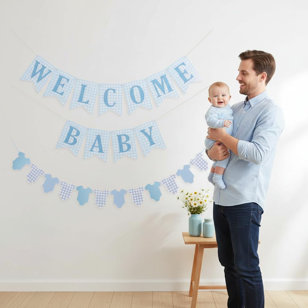 Baby Boy Baby Shower Banner, 2 PCS Pre-strung Blue Gingham Welcome Baby and Body Cloth Banner for