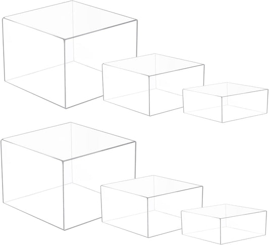 6 Pcs 3 Size Acrylic Cube Display Risers Acrylic Boxes Dessert Display Nesting Cubes, Buffet Risers with Hollow Bottom for Jewelry Collectibles Cosmetics Figures Show