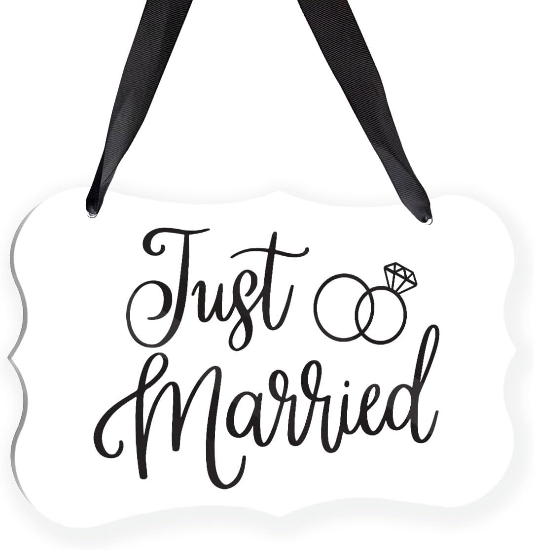 Acrylic Wedding Sign, Ring Bearer Sign, Just Married Decor, for Rustic Wedding Decor Hanging Signs, Acrylic Hanging Signs With Ribbon for Chairs Weddings Reception Decorations and Event Party (White)