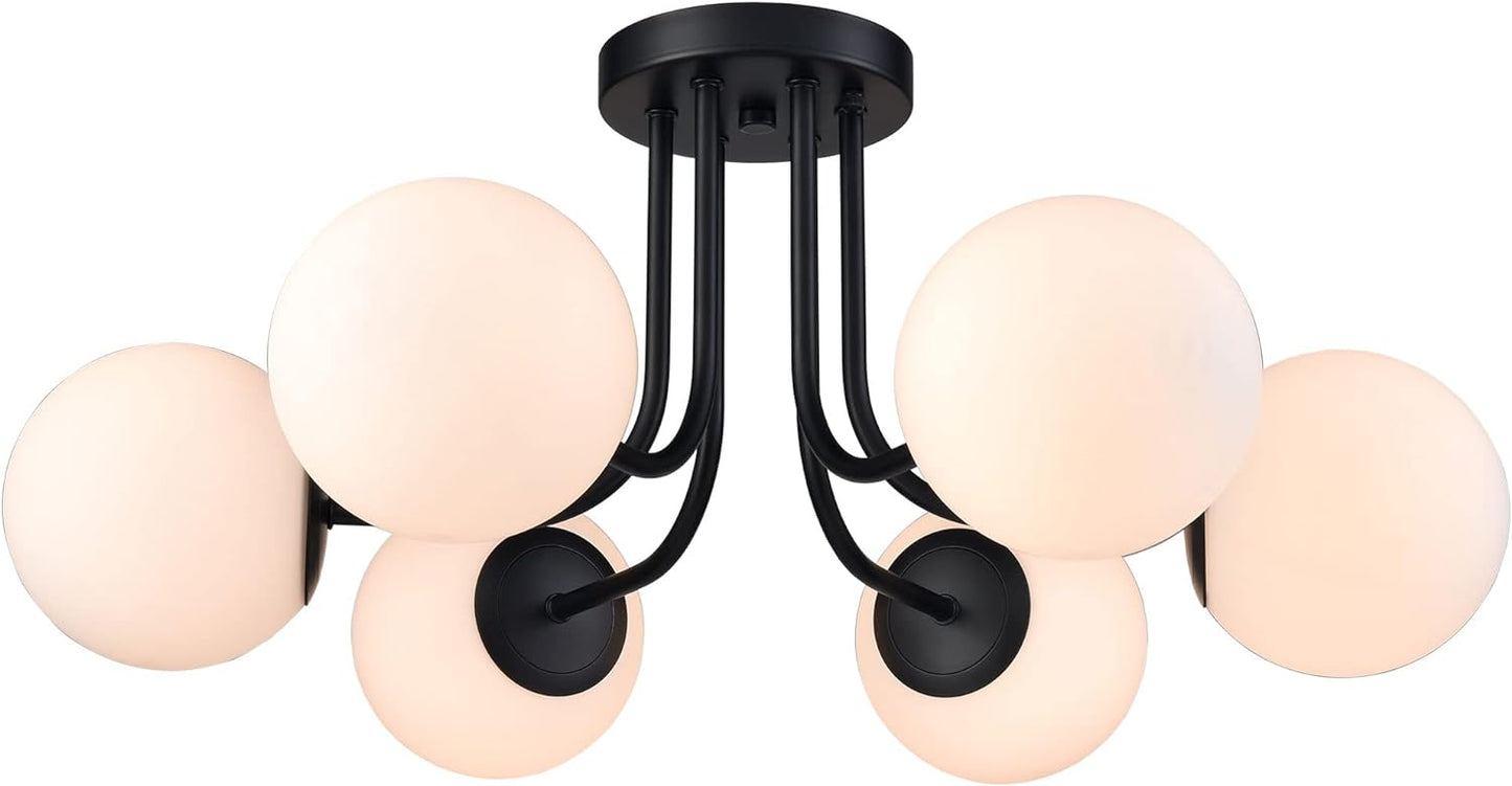 Modern 6-Light Black Metal Semi Flush Mount Ceiling Light With Globe White Glass Shade for Living Room Bedroom - Sputnik Chandelier Light Fixture