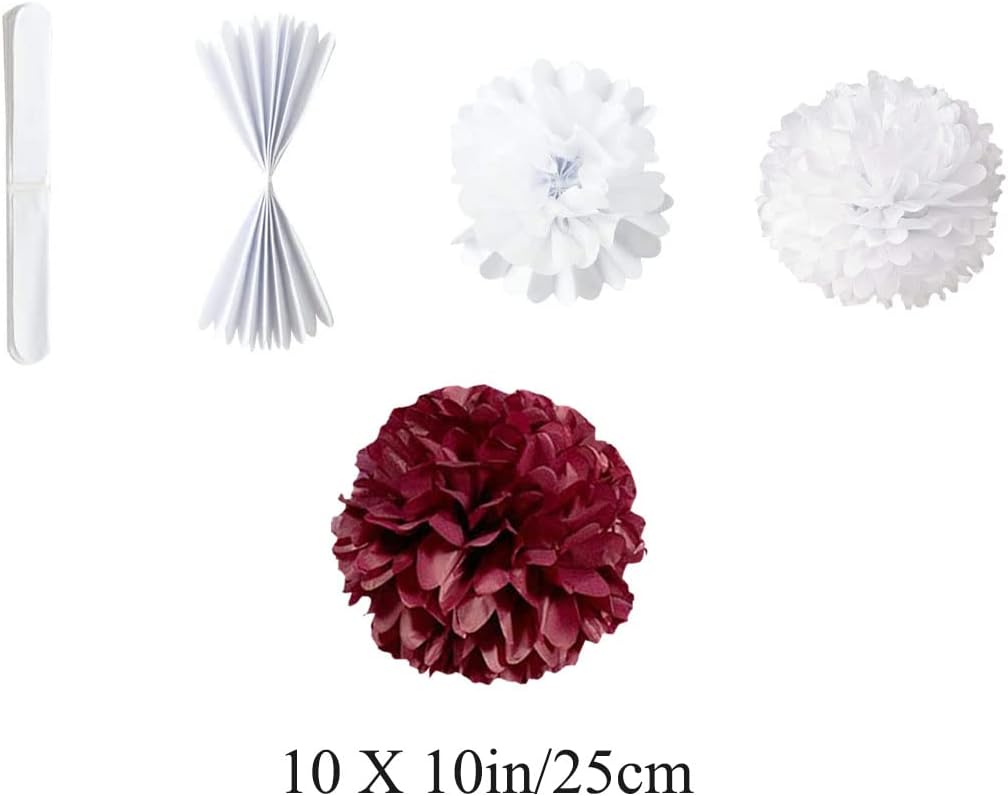 10pcs 10in Paper Pom Poms Burgundy Tissue Paper Balls Wedding Party Flower Decorations DIY Art Craft Blooms for Birthday Baby Shower Nursery Decor