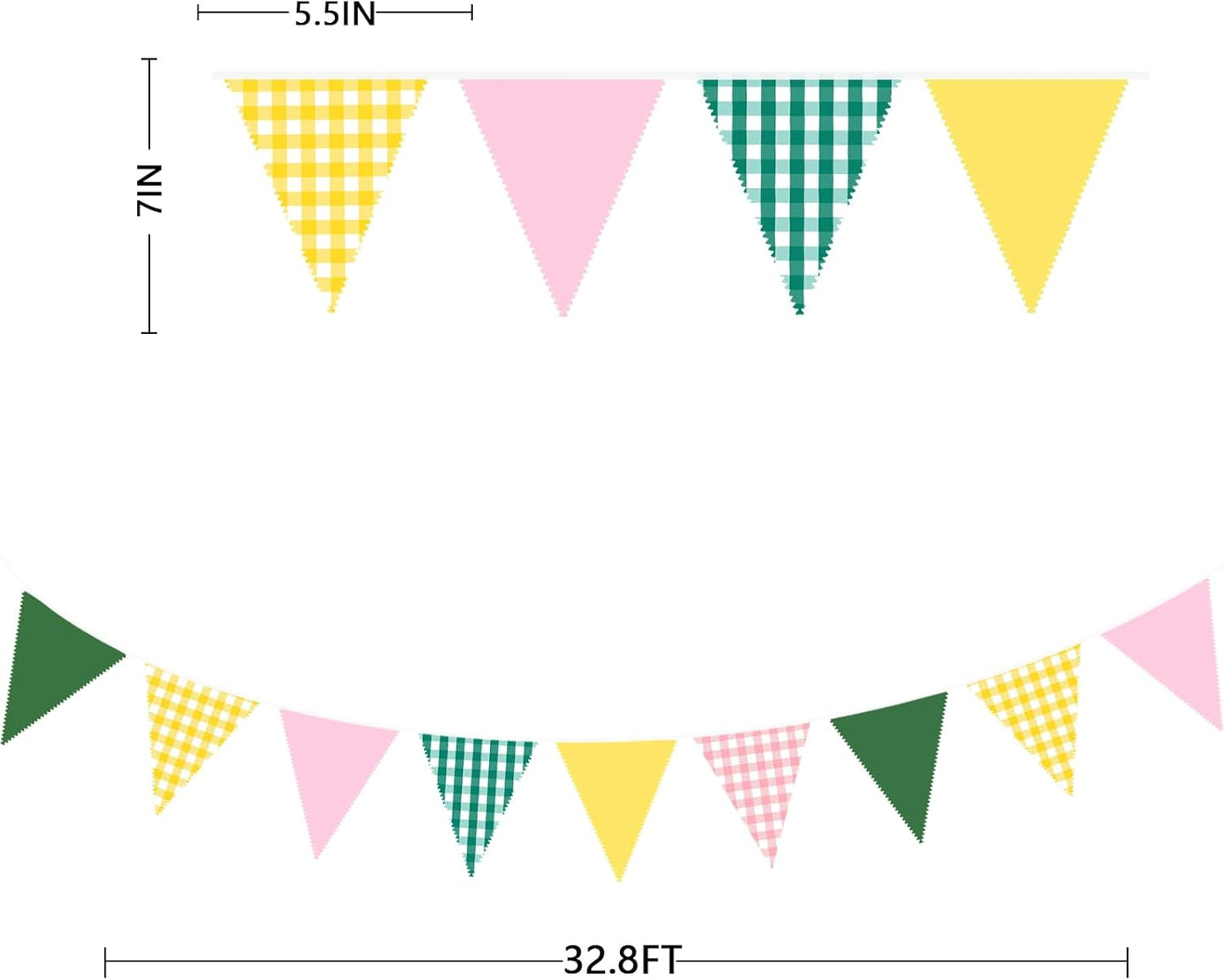 32Ft Camp Bride Party Decorations Pink Green Yellow Gingham Fabric Triangle Banner Flag Plaid Pennant Garland Streamers for Camping Bachelorette Glamping Baby Shower Picnic Birthday Decor Supplies