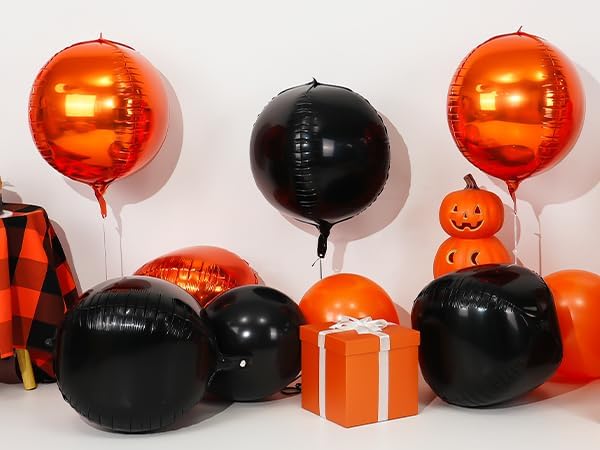 6Pcs Black Orange Round Foil Balloons,Giant 4D Round Ball Balloon,22 Inch Metallic Orange Black Balloons for Halloween Graduation Spooky Party Decorations