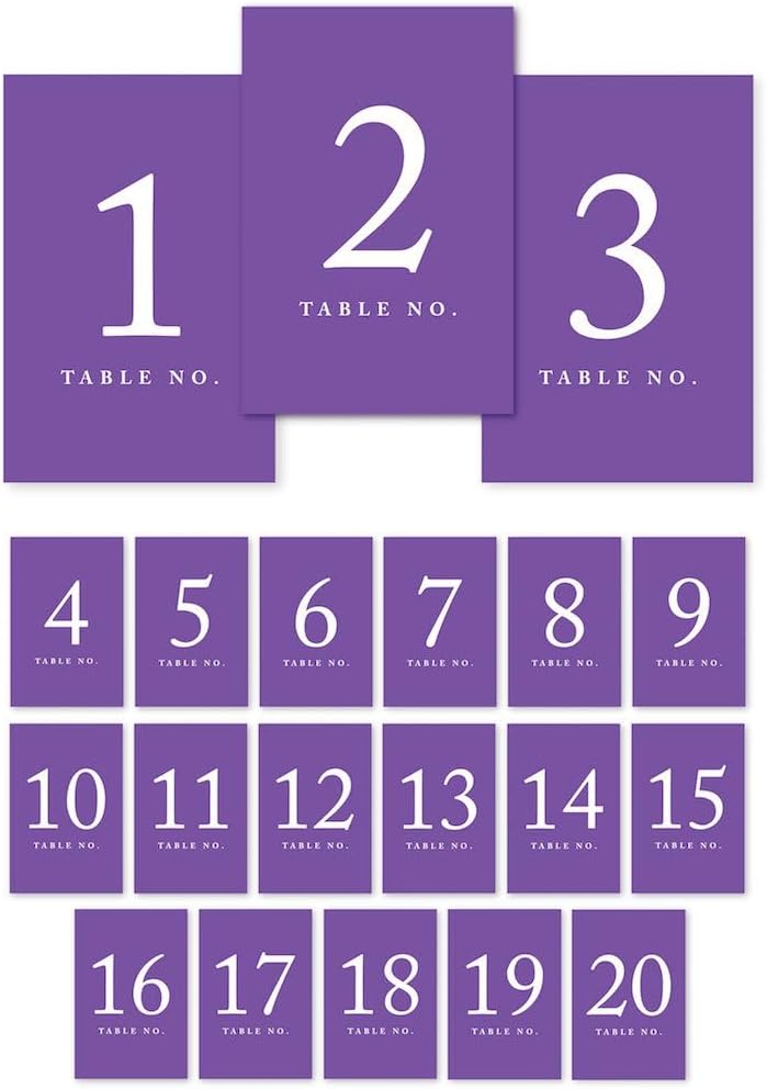 Andaz Press Table Numbers 1-20 on Perforated Paper, Purple, 4x6-inch Single Sided Sign, 1-Set, For Weddings, Graduation