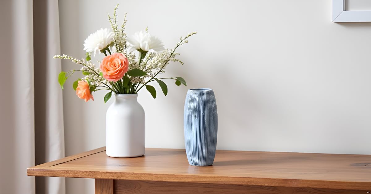 Premium Blue Ceramic Vase – Ribbed Tall Flower Vase for Home Décor, Modern Minimalist Table Centerpiece, Pampas Grass, Dried Flowers, Shelf & Living Room Decoration
