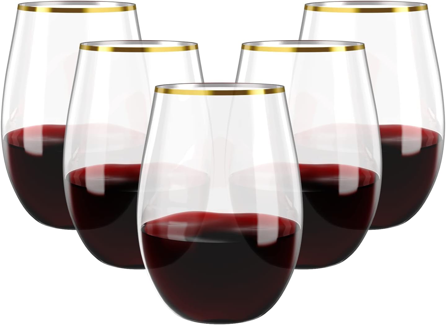 FOCUSLINE 20pcs 16 Oz Plastic Wine Glasses, Stemless Gold Rim, Heavy Duty Disposable Drinking Cups, Reusable Shatterproof for Party & Wedding