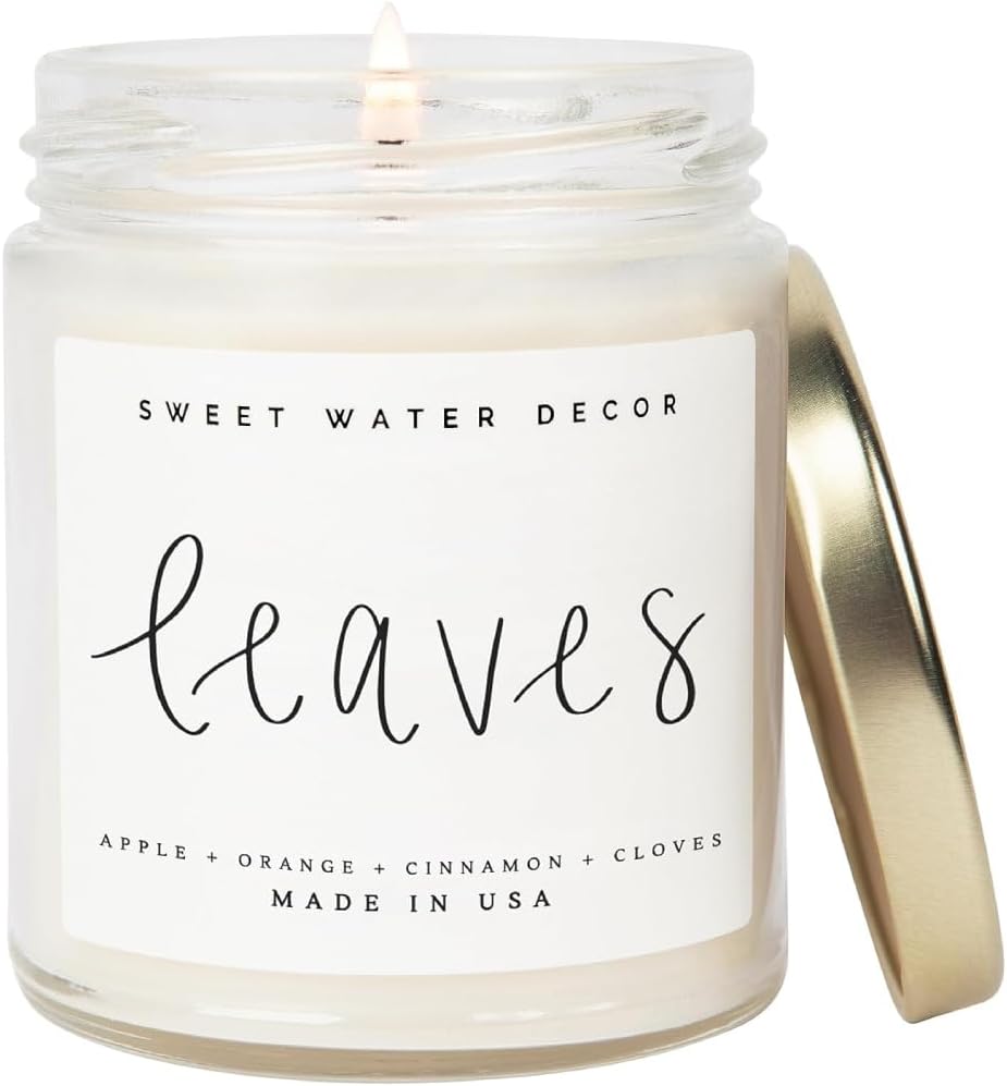 Sweet Water Decor Leaves Candle | Autumn, Cinnamon, Apple, Fall Scented Soy Candles for Home | 9oz Clear Jar, 40 Hour Burn Time, Made in The USA
