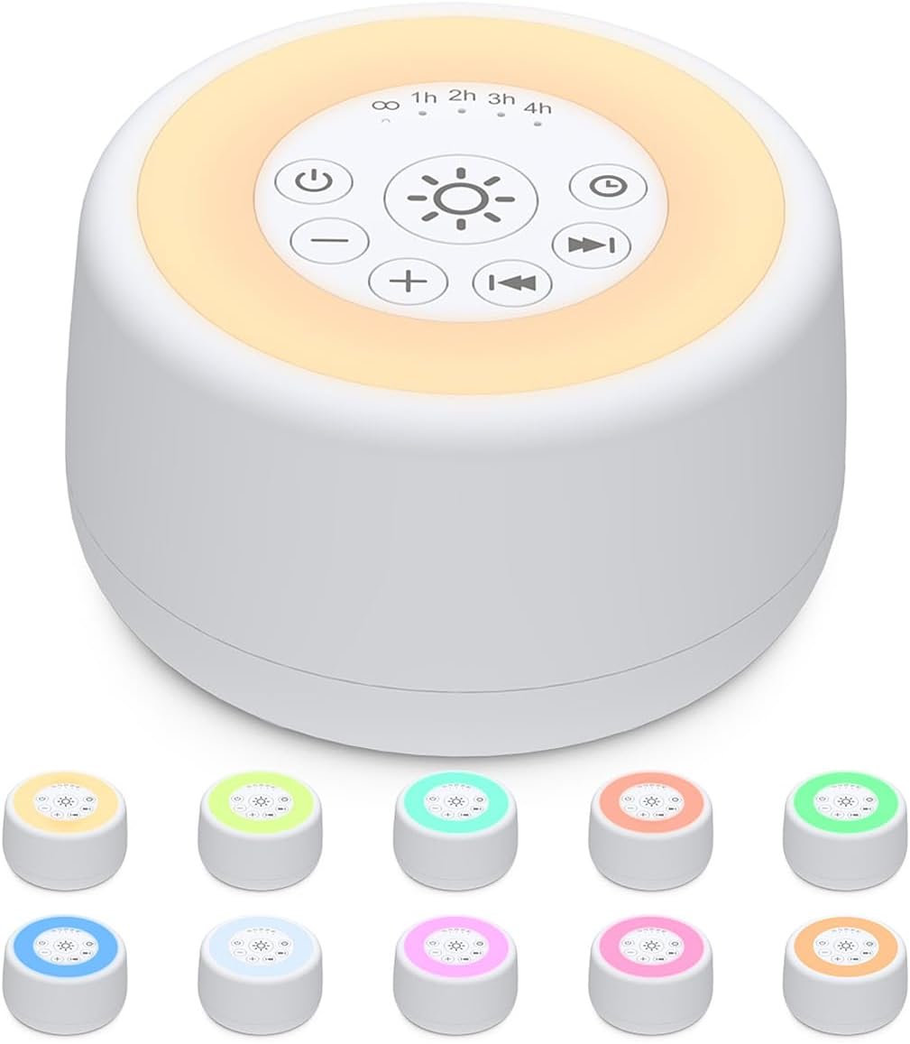 Sleepbox Sound White Noise Machine with 25 Soothing Sounds and 10 Colors Warm Night Light 4 Brightness Levels 32 Volume Levels 5 Timer and Memory Function for Baby Kids Adults Seniors Sleeping (White)