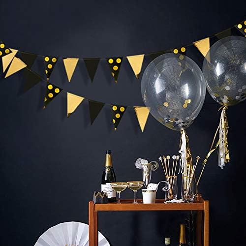 30Ft Black Gold Party Decorations Polka Dot Pennant Banner Paper Circle Dot Triangle Flags Bunting Garland for Wedding Bridal Shower Birthday Bachelorette Engagement Anniversary Holiday Party Supplies