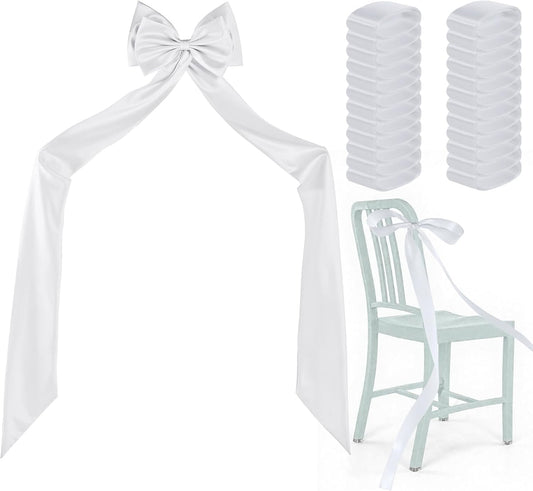 Big Bow with 24 Pcs Chair Ribbon Wedding Aisle Decorations, 78x18 inch Giant Bow for Backdrop Detachable Bow for Dress, Pew Bows Sashes for Chair Wedding Ceremony Outdoor Party (White)