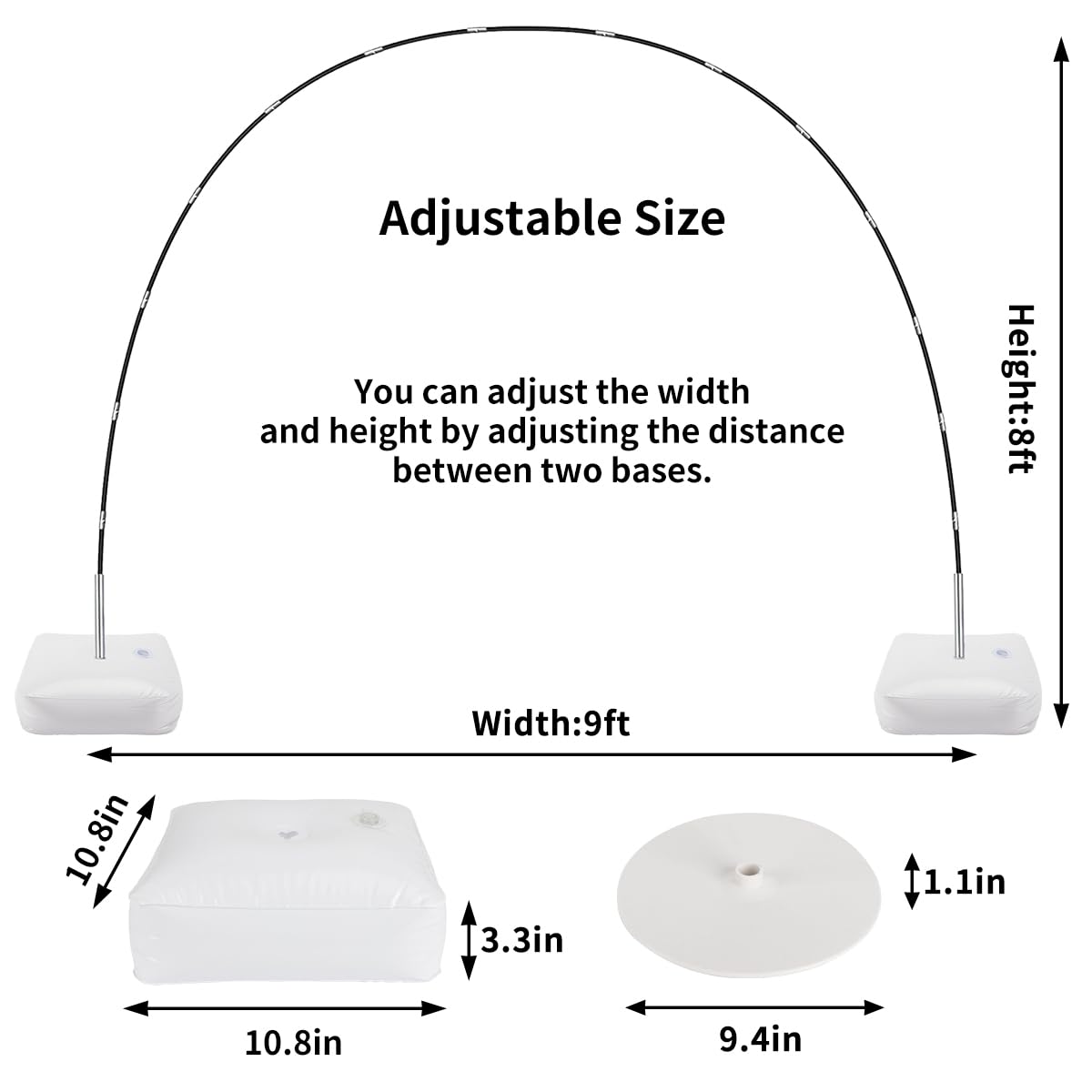 RUBFAC Balloon Arch Kit, 8ft Tall & 9ft Wide Adjustable Balloon Arch Frame Stand with 2 PVC Bases,2