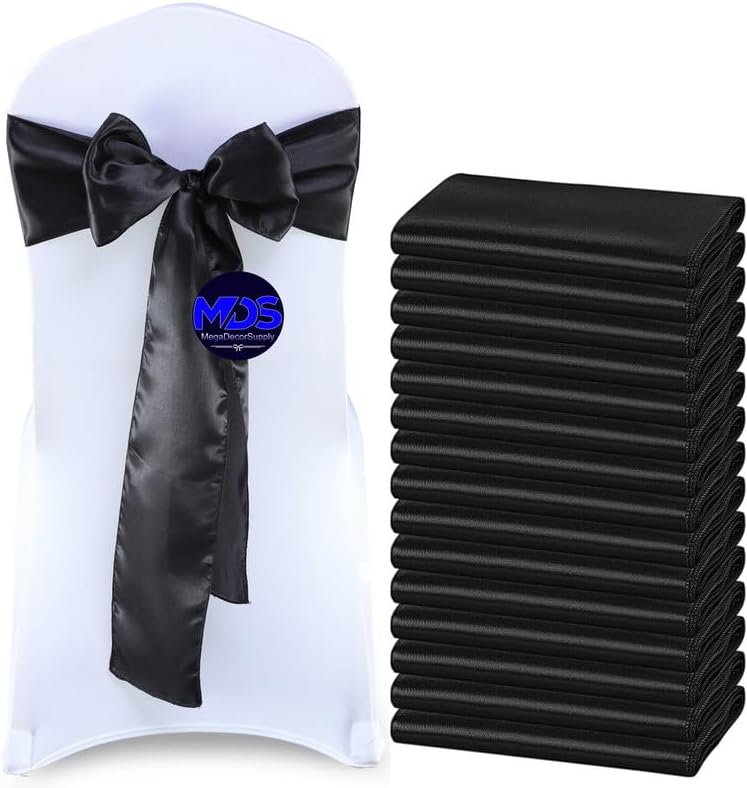MDS Pack of 125 PCS Satin Chair Sashes Charmeuse Sateen Dining Chair Bows Ribbon Ties Back Sash for Wedding Party Birthday Home Hotel Restaurant Banquet Decoration (7 x 108 Inch, Black)