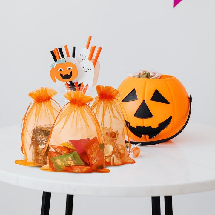 Wudygirl 100PCS 5X7 Inch Organza Bags - Jewelry, Drawstring, Sheer Organza Bags for Halloween, Christmas, Parties, Weddings, Baby Showers (Orange 5X7)