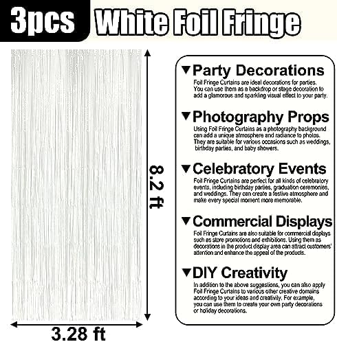 3 Pack Macaron White Foil Fringe Curtain Backdrop, 3.28Ft x 8.2Ft Metallic Tinsel Foil Fringe Streamer Curtains for Photo Booth, Christmas Day, Thanksgiving, Wedding, New Year Party Decorations