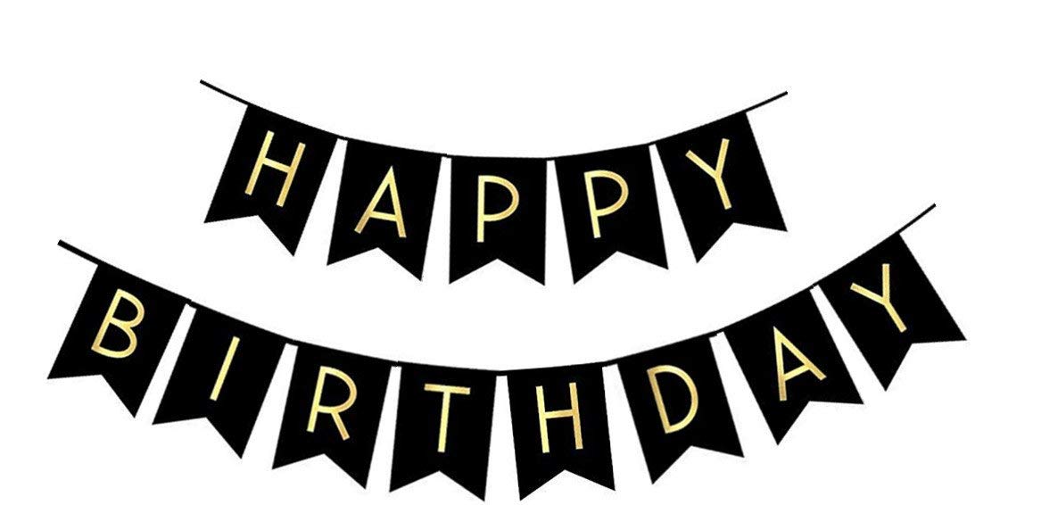 Fecedy Black Happy Birthday Bunting Banner with Shiny Gold Letters Pre-Strung No DIY for Birthday