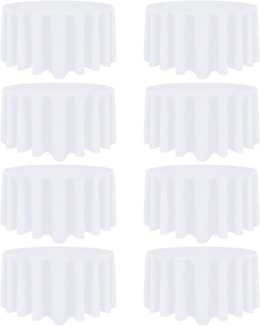8 Pack White Round Tablecloth 120 Inch White Table Cloth Stain and Wrinkle Resistant Round White Tablecloths Reusable and Washable Polyester Fabric Table Covers for Buffet Wedding Party and Banquet